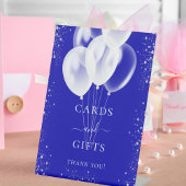 Koninklijke blauwe zilveren witte ballonnen kaarte reclamebord met voetstuk