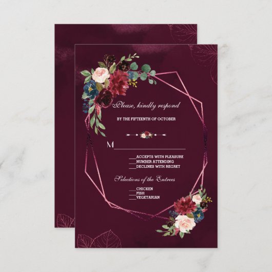 Koninklijke Burgundy Blush Bloemige Geometrische T RSVP Kaartje (Voorkant / Achterkant)