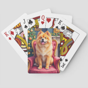Koninklijke Chow Chow bij kerstboom in de feestdag Pokerkaarten