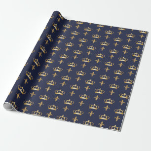 Koninklijke Kroon en Fleur DE Lis Pattern op Blauw Cadeaupapier