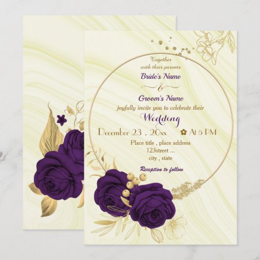 koninklijke paarse bloemen goudbaars bruiloft kaart (Voorkant / Achterkant)