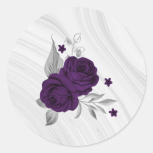 koninklijke paarse bloemen zilverblad marmer ronde sticker
