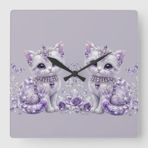 Koninklijke Paarse Gejewelde Kitten Fantasie Vierkante Klok