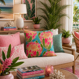Koninklijke Protea Bloem Patroon Teal Roze Kussen