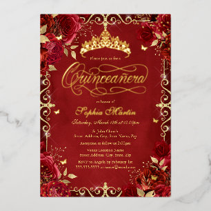 Koninklijke Rode Gouden Vlinder Roos Quinceanera Folie Uitnodiging