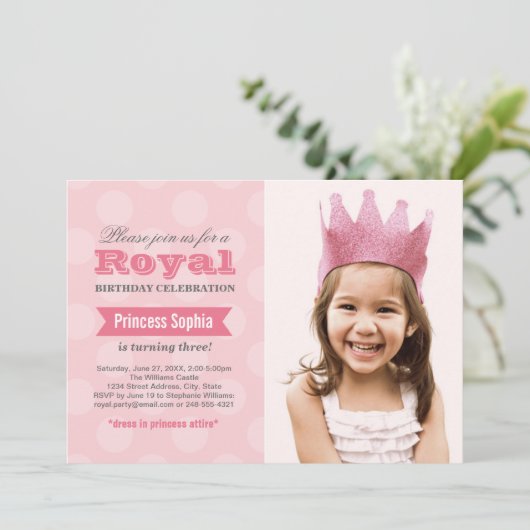 Koninklijke Roze Princess Girl Foto Birthday Party Kaart (Staand voorkant)