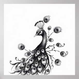 Koninklijke schoonheid: Peacock Charcoal Art Poster