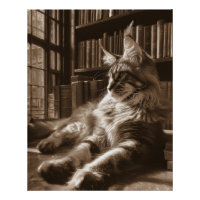 Koninklijke Sepia Maine Coon Bibliotheek Kat Kunst