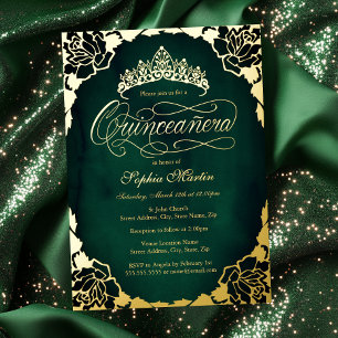 Koninklijke Smaragd Gouden Elegante Script Quincea Folie Uitnodiging