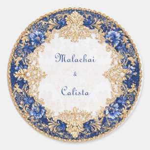 Koninklijke Victoriaanse Saffier Blauwe Gouden Bar Ronde Sticker
