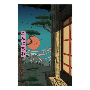 Konnichiwa Japanse Zonsondergang Perfect Poster
