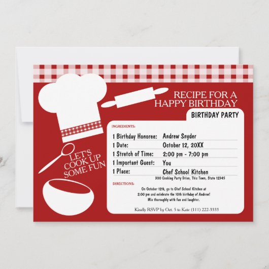 Kook verjaardagsfeestje recept kaart (Voorkant)
