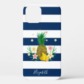 Kool-anananassbloemen, marineblauw gestreept Case-Mate iPhone case (Achterkant)