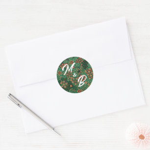 Kool Donkergroen Rood Bloem Motief Textiel Patroon Ronde Sticker