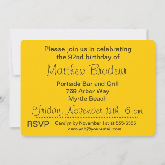 Kool en Geel Aangepast 92e verjaardag Uitnodigen Kaart (Achterkant)