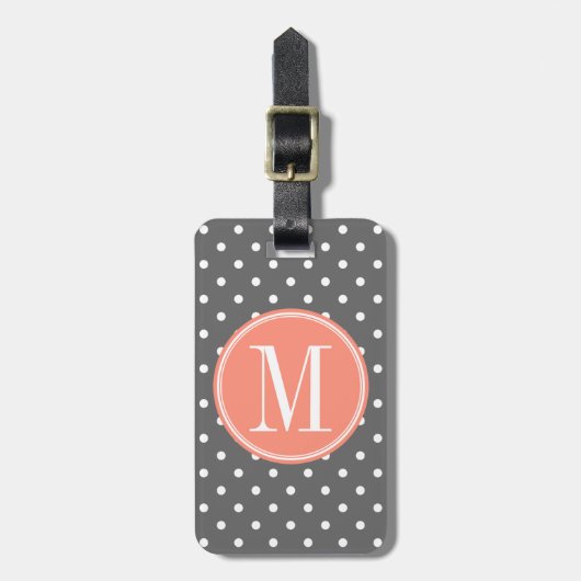 Kool Gray Polka Dot met Coral Monogram Bagagelabel (Voorkant verticaal)