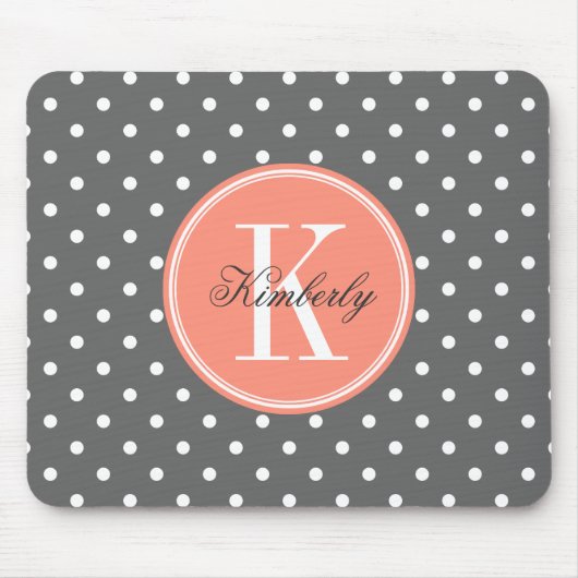 Kool Gray Polka Dot met Coral Monogram Muismat (Voorkant)
