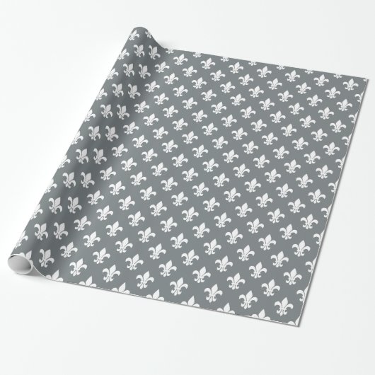 Kool Gray White Fleur de Lis Pattern Cadeaupapier (Uitgerold)