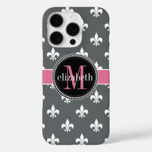 Kool Gray White Pink Fleur de Lis Monogram iPhone 16 Pro Hoesje