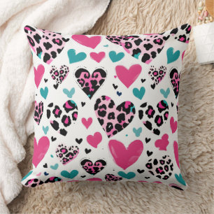 Kool Luipaard Hart Liefde – Roze, Zwart & Turquois Kussen