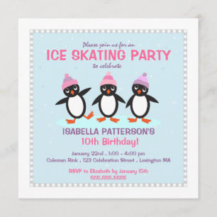 Kool Penguin Ice Skating Birthday Party Invitation Kaart