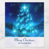 Koolblauwe kerstboom met mousserende lichten wijn etiket (Enkel label)