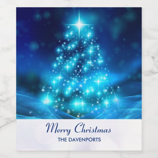 Koolblauwe kerstboom met mousserende lichten wijn etiket (Enkel label)