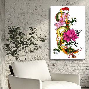 Koolgroene Chinese Draak Lotus Turquoise Tattoo Poster