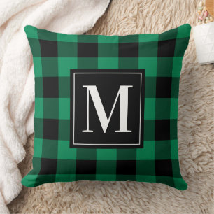 Koolgroene Zwarte Buffalo Plaid Monogram Kerst Kussen