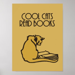Koolkatten lezen boeken retro-stijl poster