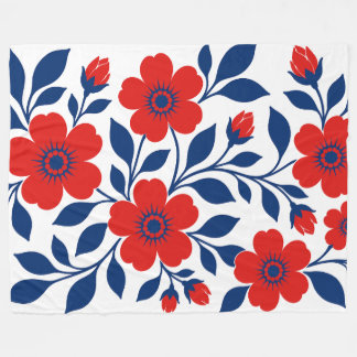 Koolrode Bloemen en Marineblauwe Bladeren Fleece Deken