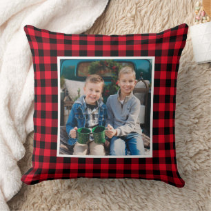 Koolrode Zwarte Buffalo Plaid Foto Kerstmis Kussen