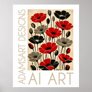Koolrode & Zwarte Retro Klaprozen Bloemstuk Poster