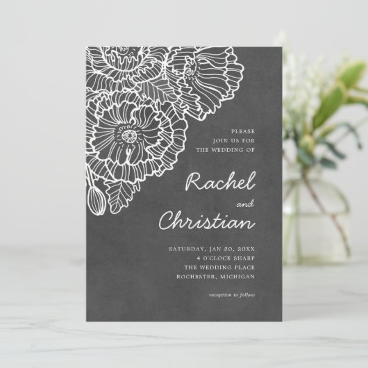 Koolsteengrijs met witte lineart papaverbloemen kaart (Staand voorkant)