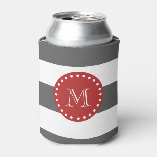 Koolsteengrijs Witte strippatroon, rood monogram Blikjeskoeler (Blikje Voorkant)