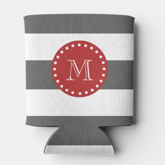 Koolsteengrijs Witte strippatroon, rood monogram Blikjeskoeler (Achterkant)