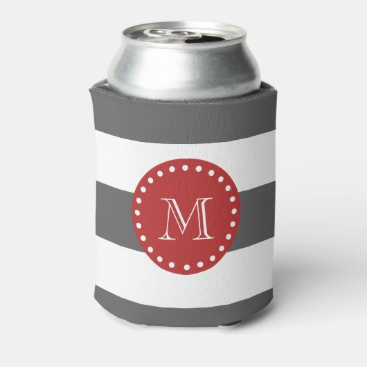 Koolsteengrijs Witte strippatroon, rood monogram Blikjeskoeler (Blikje Achterkant)