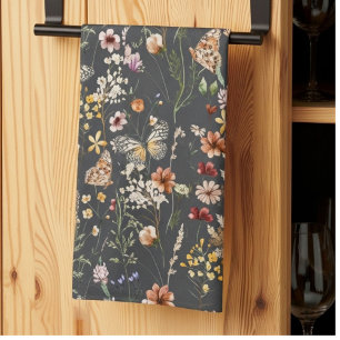 Koolzwart Aquarel Wilde Bloemen Theedoek