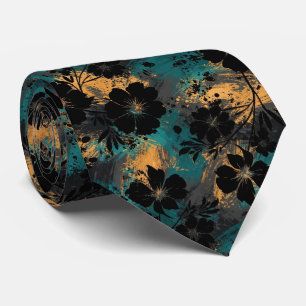 Koolzwart bloemensilhouet met turquoise & mosterd stropdas