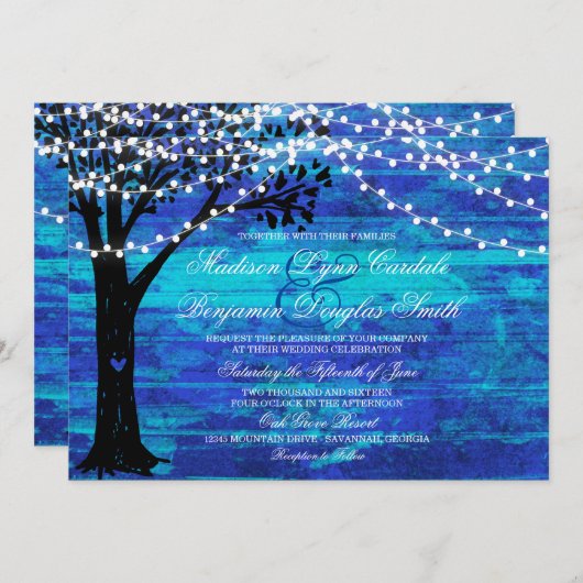Koord van Lights Oak Tree Blue Wedding Invites Kaart (Voorkant / Achterkant)