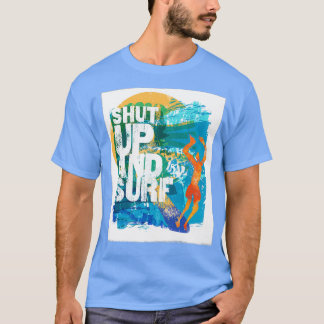 Kop dicht en Surf Kleurrijk Woodblock T-shirt