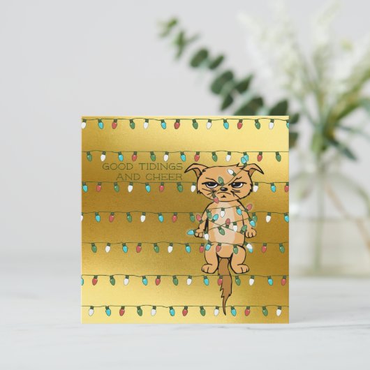 Kop; grappig getangled Kat in kerstlampjes Gold Feestdagenkaart (Staand voorkant)