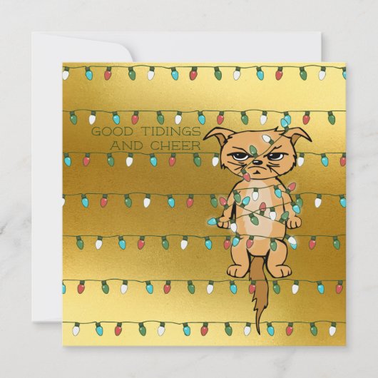 Kop; grappig getangled Kat in kerstlampjes Gold Feestdagenkaart (Voorkant)