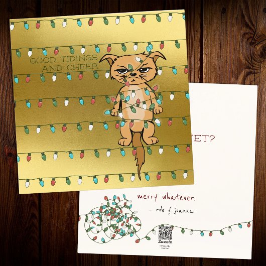 Kop; grappig getangled Kat in kerstlampjes Gold Feestdagenkaart