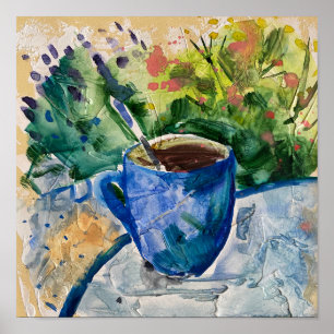 Kop koffie, modern schilderij, waterverf poster