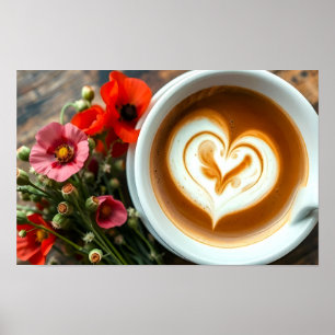 Kop warme koffie met hartvorm latte art poster