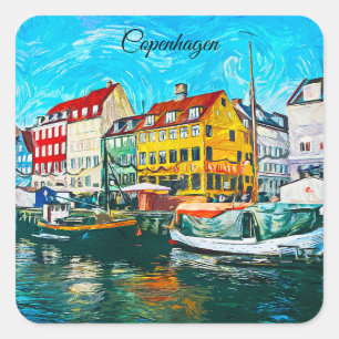 Kopenhaagse olieverfschildering van de Nyhavn-wate Vierkante Sticker