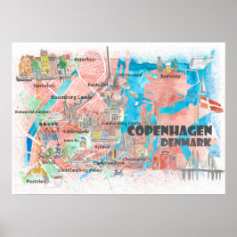 Kopenhagen Denemarken Illustratieve kaart met hoof Poster
