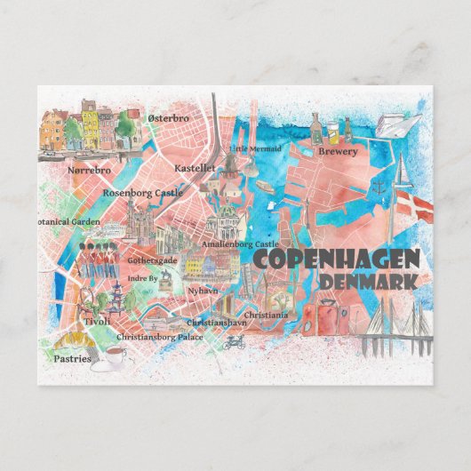 Kopenhagen Denemarken Schone Iconic City Map Briefkaart (Voorkant)