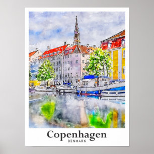 Kopenhagen Denemarken Travel Waterverf Hand geteke Poster